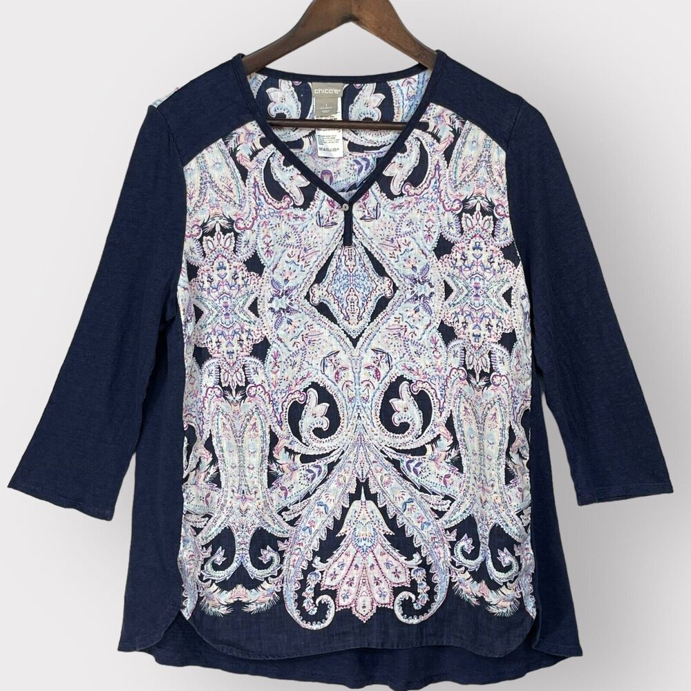 Chico's Shirt Women 1 (US M/8) Blue‎ Multicolor Print 3/4 Sleeve Linen C14